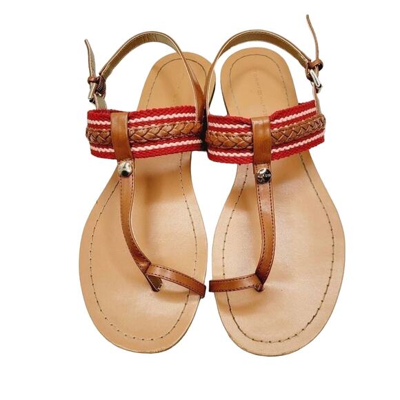 Tommy Hilfiger Sandals Womens 7.5 Preppy Nautical Thong Toe Ring Sandals Red Tan - Picture 1 of 13